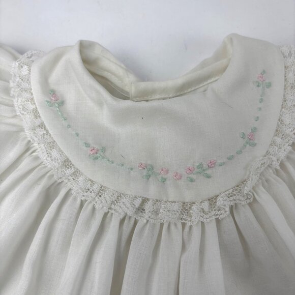 Vintage Nannette Baby Dress Hand Embroidered Pink Flowers Lace Collar 12” - Picture 2 of 6